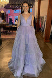 Lavender V-Neck Sequins Tulle Ruffle Prom Dress