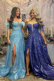 Light Blue Cold Sleeves Long Formal Dress with Appliques