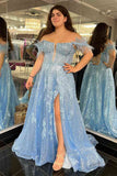 Light Blue Cold Sleeves Long Formal Dress with Appliques