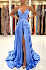 Light Blue Spaghetti Strap Prom Dress with Split