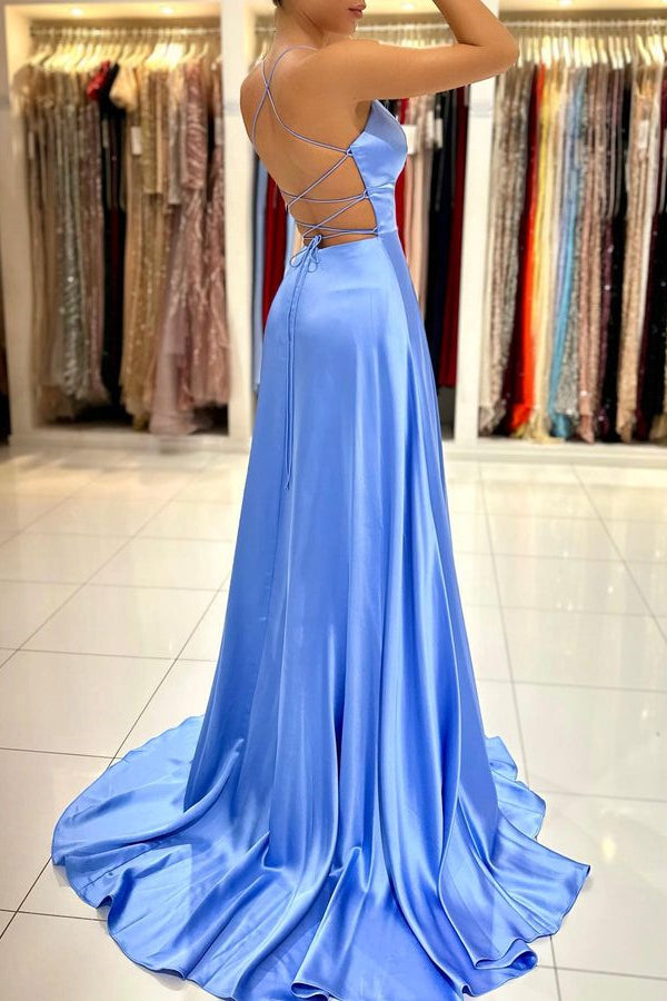 Light Blue Spaghetti Strap Prom Dress with Split