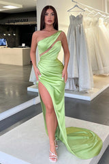 Light Green One-Shoulder Sleeveless Long Evening Dress with Slit