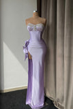 Light Purple Sleeveless Prom Dress with Rhinestone High Slit Gown