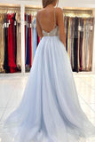 Light Sky Blue Spaghetti-Straps Tulle Long Prom Dress with Beads