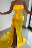 Light Yellow Strapless Sleeveless Prom Dress with Pleated Split