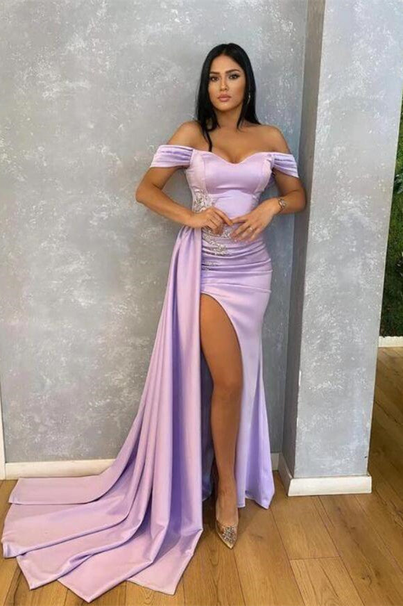 Lilac Off-The-Shoulder Beads Mermaid Prom Dress with Ruffle Split