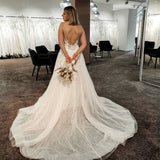 Long A-line Backless Wedding Dress With Tulle Lace Floor-length