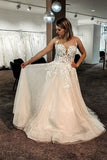 Long A-line Backless Wedding Dress With Tulle Lace Floor-length