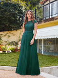 Long A line Evening Dress Scoop Neck Tulle Bridesmaid Dresses