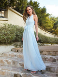 Long A line Halter Chiffon Ruffle Floor Length Bridesmaid Dress