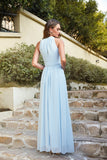 Long A line Halter Chiffon Ruffle Floor Length Bridesmaid Dress