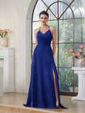 Long A-line Halter V-Neck Side Split Glitter Formal Prom Dresses with Pocket