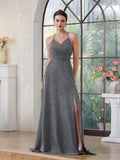 Long A-line Halter V-Neck Side Split Glitter Formal Prom Dresses with Pocket