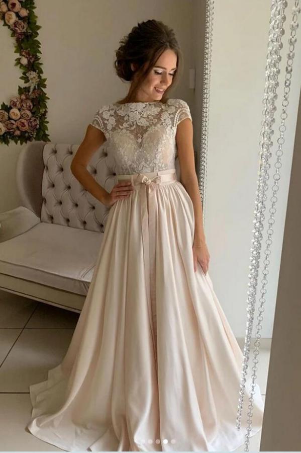 Long A-Line Jewel Neck Stretch Satin Lace Wedding Dress