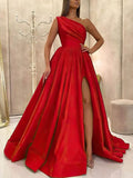 One Shoulder Satin Ruffles Prom Dress with Ball Gown/Princess Sweep Train