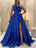 One Shoulder Satin Ruffles Prom Dress with Ball Gown/Princess Sweep Train