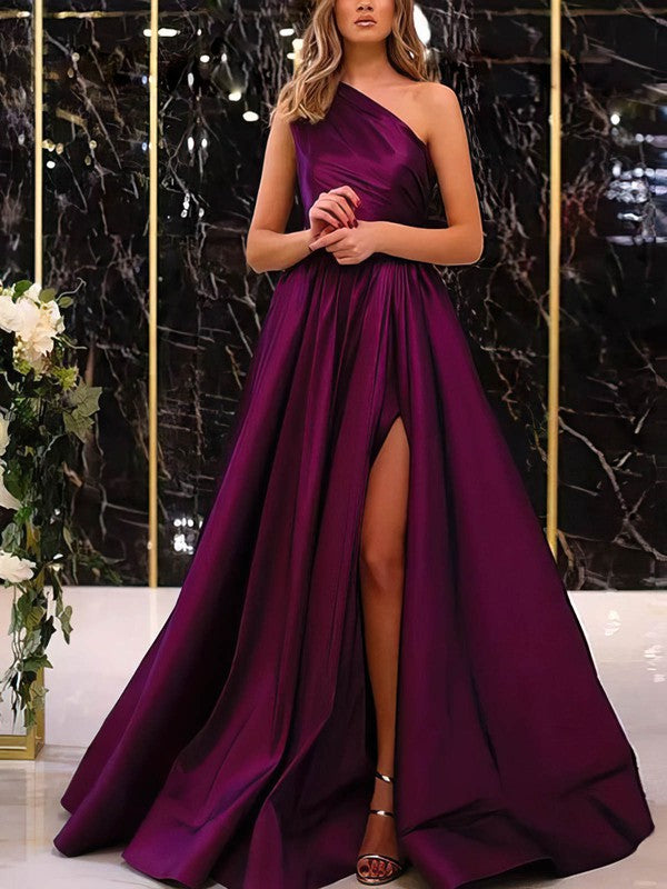 One Shoulder Satin Ruffles Prom Dress with Ball Gown/Princess Sweep Train