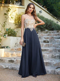 Dark Navy A-line Scoop Chiffon Appliques Floor-Length Dresses Babyonlines 1