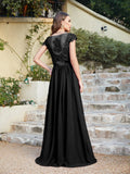 Long A line Scoop Neck Chiffon Floor Length Dress Lace Bridesmaid Dress