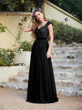 Long A line Scoop Neck Chiffon Floor Length Dress Lace Bridesmaid Dress