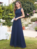 Long A line Sleeveless Scoop Neck Ruffle Chiffon Bridesmaid Dresses