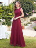 Long A line Sleeveless Scoop Neck Ruffle Chiffon Bridesmaid Dresses