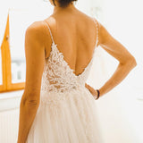 Long A-Line Spaghetti Strap Sleeveless Wedding Dress with Tulle Lace