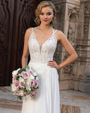 Long A-Line Split V-Neck Wedding Dress with Chiffon Lace