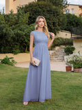 Long A-line Tulle Floral Lace Bridesmaid Dress with Cap Sleeves