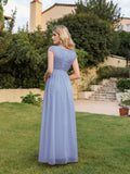 Long A-line Tulle Floral Lace Bridesmaid Dress with Cap Sleeves