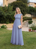 Long A-line Tulle Floral Lace Bridesmaid Dress with Cap Sleeves