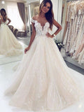 Long A-Line Tulle Open Back Wedding Dress with Off-the-Shoulder