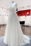 Long A-Line Tulle V-Neck Open Back Wedding Dress with Lace Appliques