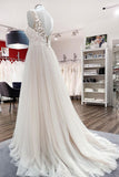 Long A-Line Tulle V-Neck Open Back Wedding Dress with Lace Appliques