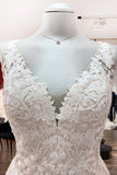 Long A-Line Tulle V-Neck Open Back Wedding Dress with Lace Appliques