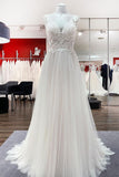 Long A-Line Tulle V-Neck Open Back Wedding Dress with Lace Appliques