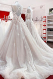 Long A-line V-neck Backless Wedding Dress With Ruffles