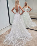 Long A-Line V-Neck Backless Wedding Dress with Tulle Lace