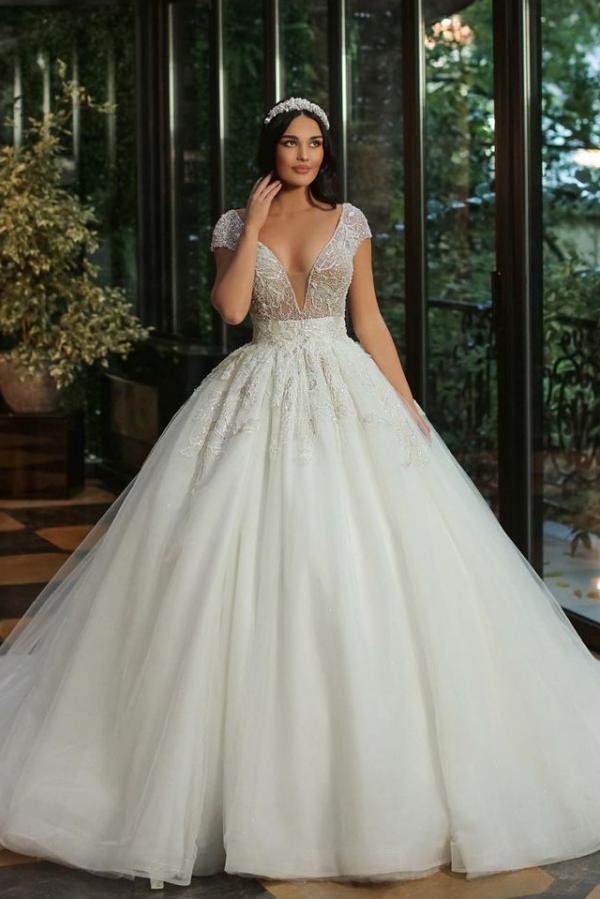 Long A-Line V-Neck Cap Sleeve Wedding Dress with Beaded Tulle