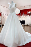 Long A-Line V-Neck Satin Open Back Wedding Dress with Ruffles