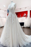 Long A-Line V-Neck Sleeveless Backless Wedding Dress with Tulle Ruffles and Lace Appliques