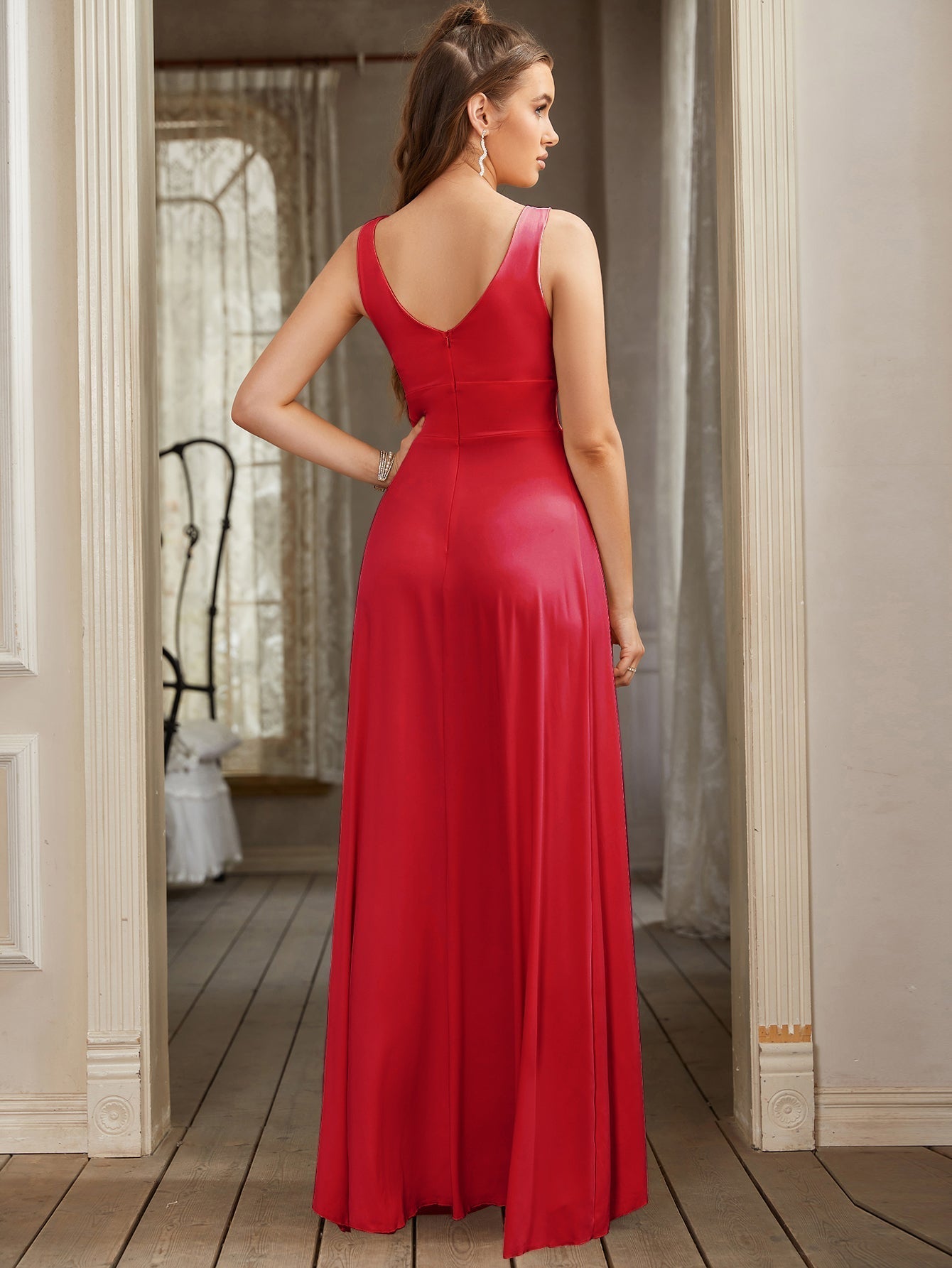 Long A-line V-Neck Sleeveless Floor Length Formal Dress with Slit