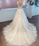 Long A-line V-neck Sleeveless Wedding Dress With Lace Tulle