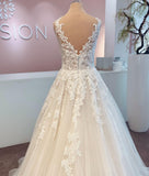 Long A-line V-neck Sleeveless Wedding Dress With Lace Tulle