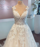 Long A-line V-neck Sleeveless Wedding Dress With Lace Tulle