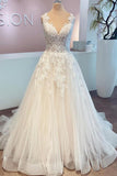 Long A-line V-neck Sleeveless Wedding Dress With Lace Tulle