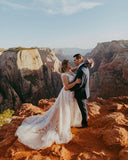 Long A-Line V-Neck Tulle Train Wedding Dress with Lace Appliques