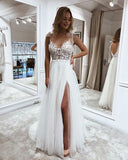 Long A-Line V-Neck Tulle Wedding Dress with Slit