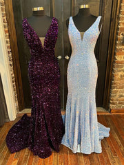 V-neck Velvet Sequins Floor-length Prom Dresses for Sheath/Column