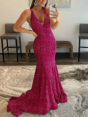 V-neck Velvet Sequins Floor-length Prom Dresses for Sheath/Column